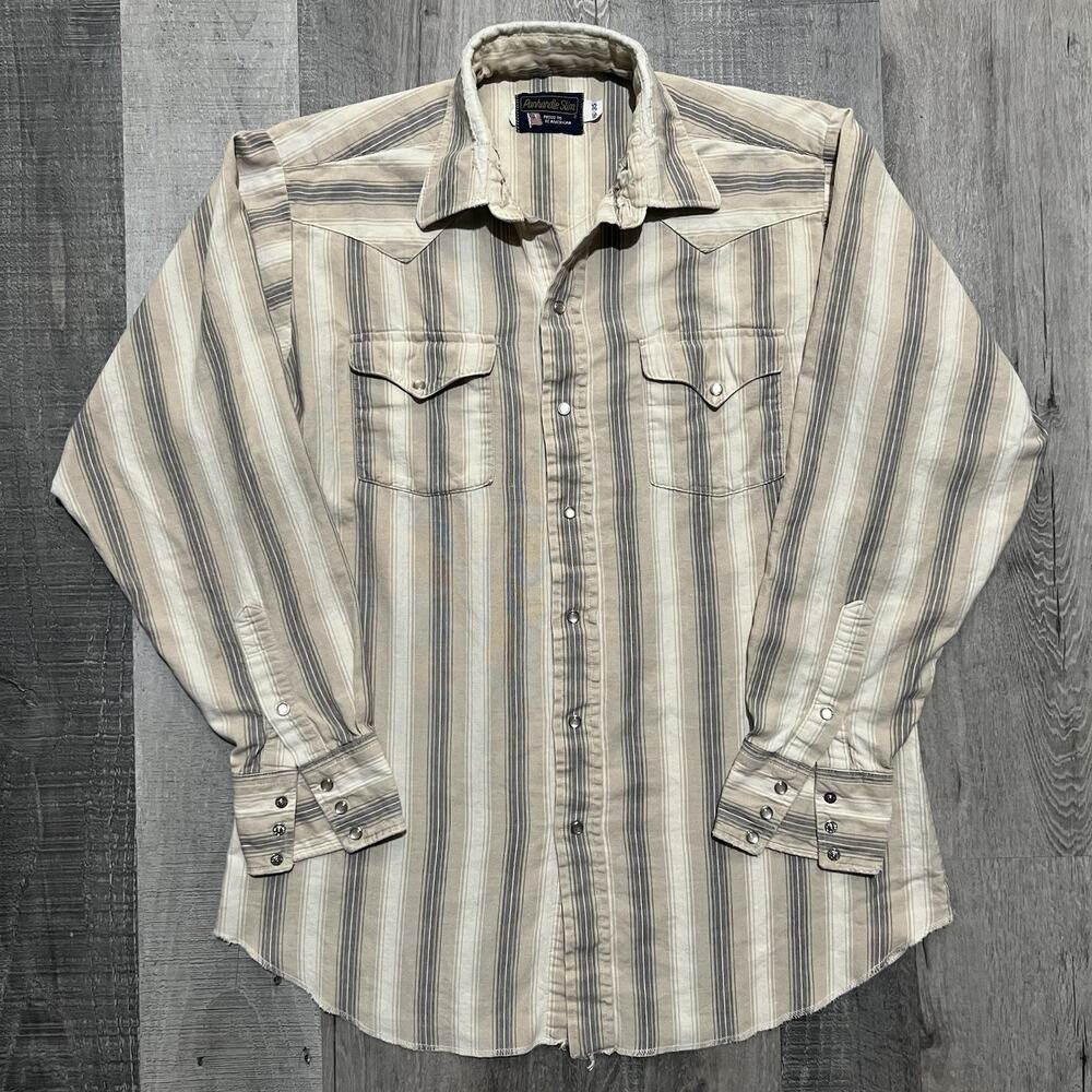 Vintage Panhandle Slim Western Pearl Snap Sand Striped Beige Cowboy Shirt 16-35